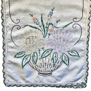 Vintage Embroidered Floral Dresser Scarf Table Top Runner Crochet Edge 36” x 12”